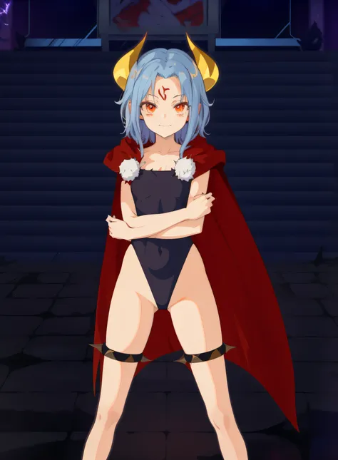 Anime girl in a demon costume with horns and cape, gapmoe yandere grimdark, Demon Girl, succubus in tight short dress, demon anime girl, holy cyborg necromancer girl, mika kurai demon, Full Body Devil Woman, evil pose, with cape, Evil standing smile pose, ...