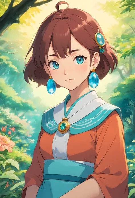 A girl wearing an anime collar, A long necklace and earrings, inthe style of tranquil gardenscapes, colorful animation stills, Masami Teraoka, aquamarine, Paul Gauguin, Amber style, Honest portrayal