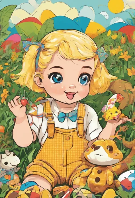 Baby girl, doll face, blue eyes, blond short straight hair, naughty smile, seated on the grass, in brown gingham overalls, bege bow hair band, reaching the viewer with her finger, with a plush yellow toy dinosaur between her legs