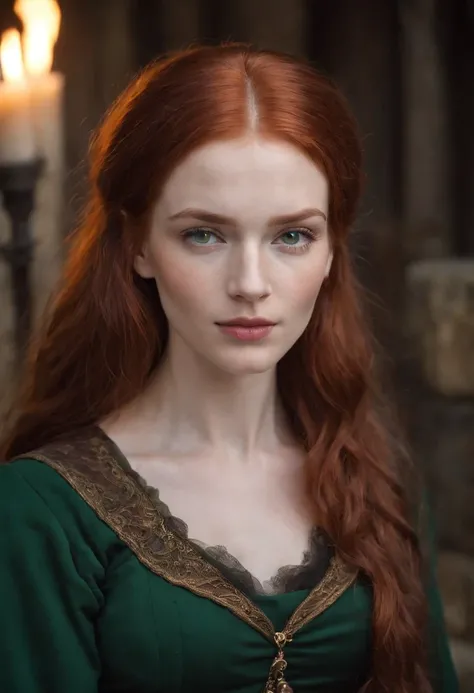 (((Red-haired witch))) Fair complexion, A woman around 19 years old, Unique green eyes, Wear Cole, Slender and graceful, Beautiful, Candlelight in a medieval setting, super sharp focus, realistic lens, Medieval womens clothing, Four colors (Scar:1.4)