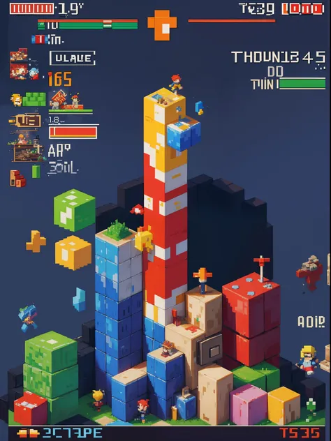 Like Tetris,retro gaming, 16-bit video games, Pixel Games, Colorful blocks of various shapes falling from above, Stacking Blocks, Score display, High quality, masutepiece, hight resolution