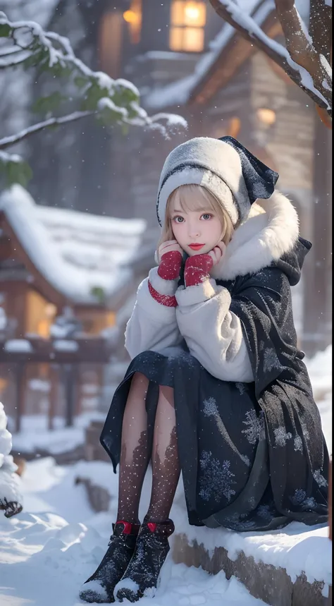 ((Works of masters))，(超高分辨率)，1 girl, Sitting, Lolita costume，Cloak (Snow, Outdoor activities in winter:1.2),Outside the castle，8K，Detailed details，mirth，