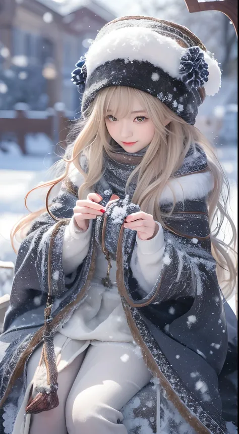 ((Works of masters))，(超高分辨率)，1 girl, Sitting, Lolita costume，Cloak (Snow, Outdoor activities in winter:1.2),Outside the castle，8K，Detailed details，mirth，