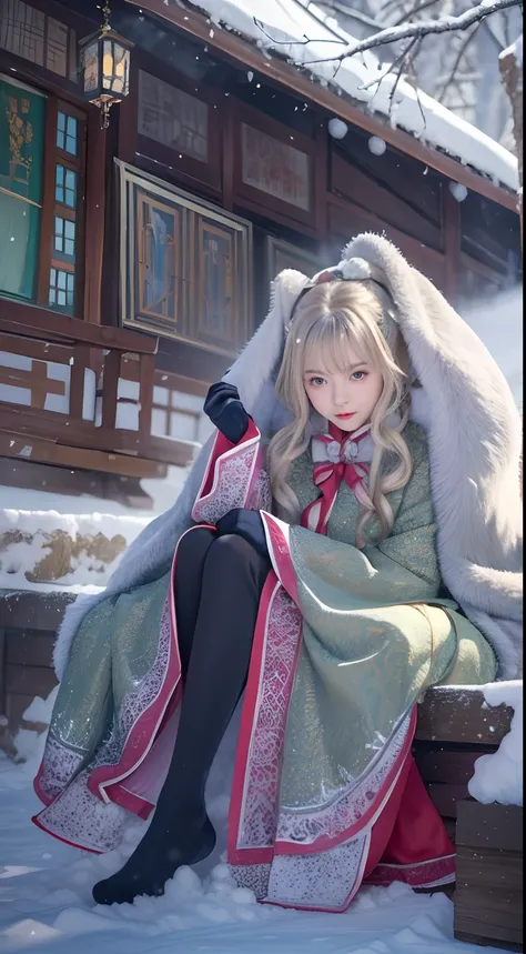 ((Works of masters))，(超高分辨率)，1 girl, Sitting, Lolita costume，Cloak (Snow, Outdoor activities in winter:1.2),Outside the castle，8K，Detailed details，mirth，