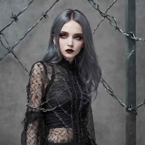 Girl with gothic net symbolic clothes, 。.。.com (Barbed wire of the body) brunette color hair，Gray hair ends