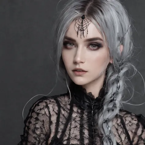 Girl with gothic net symbolic clothes, 。.。.com (Barbed wire of the body) brunette color hair，Gray hair ends