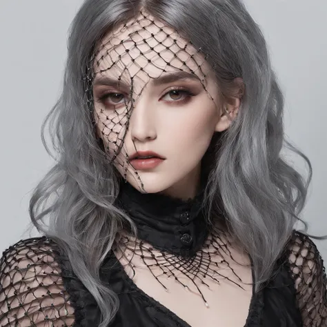 Girl with gothic net symbolic clothes, 。.。.com (Barbed wire of the body) brunette color hair，Gray hair ends