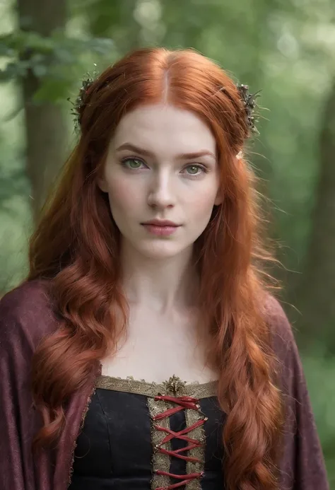 (((Red-haired witch))) Fair complexion, A woman around 19 years old, Unique green eyes, medieval times，cloaks