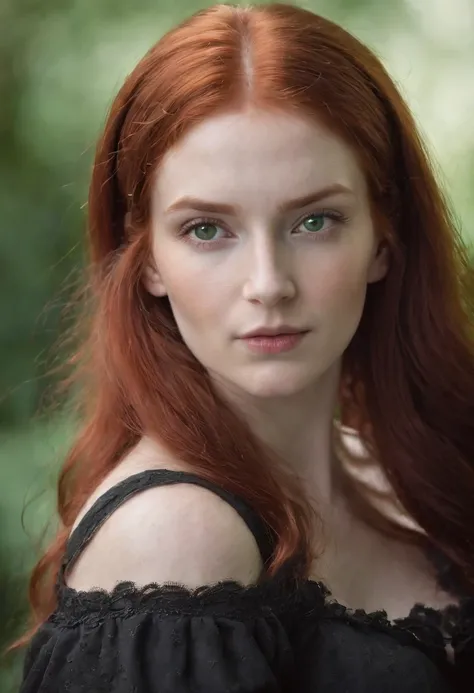 (((Red-haired witch))) Fair complexion, A woman around 19 years old, Unique green eyes, medieval times，cloaks