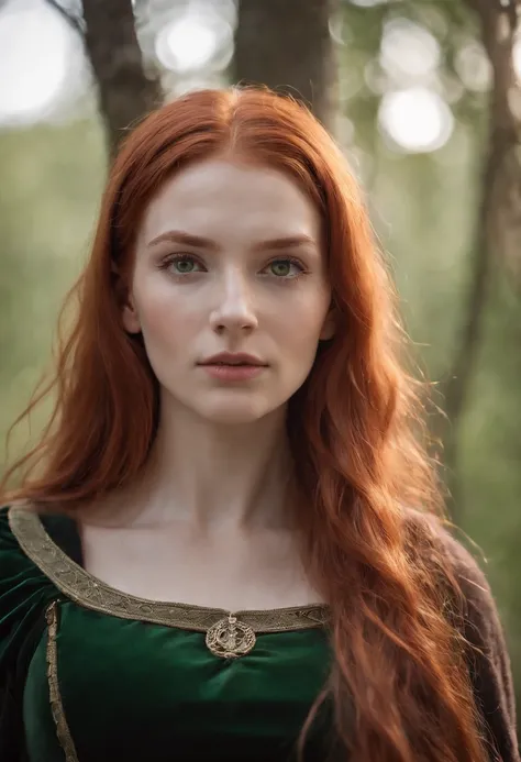 (((Red-haired witch))) Fair complexion, A woman around 19 years old, Unique green eyes, medieval times，cloaks