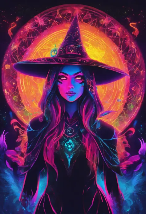 a rave witch girl wearing neon mask, Shape X on her eyes, sewn mouth dancing under a black light. blacklight neon Trippy Psytrance Blacklight UV reactive cape and witch hat rave party room