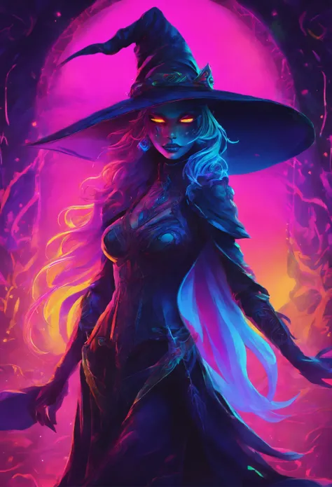 a rave witch girl wearing neon mask, Shape X on her eyes, sewn mouth dancing under a black light. blacklight neon Trippy Psytrance Blacklight UV reactive cape and witch hat rave party room