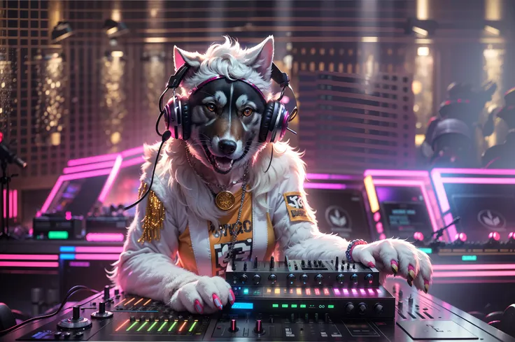 (Ultra-high detail, 16K resolution, movie footage, octane rendering), An anthropomorphic white husky, Wear a T-shirt，necklace gold，hands up to set the mood, hands out of the frame, wearing silver DJ headphones, shiny silver sequined T-shirt, (iconic hip-ho...