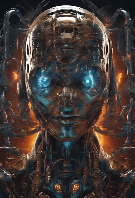 The body of the robot and the face of the person., glowing light eyes, Biomechanical，The combination of meat and machinery，Parts weird, Creepy, nightmarish, Very bright colors, Light particles, with light glowing, Mshiv, wallpaper art, UHD wallpaper