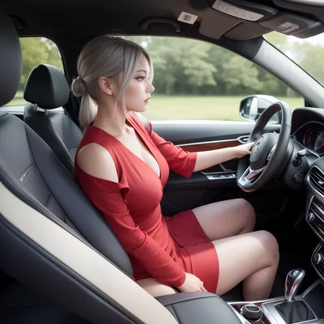 Photo of a woman with gray hair、Wearing a red dress、Sitting in the drivers seat of a luxury car、a cool、The hair is disheveled、View from the side