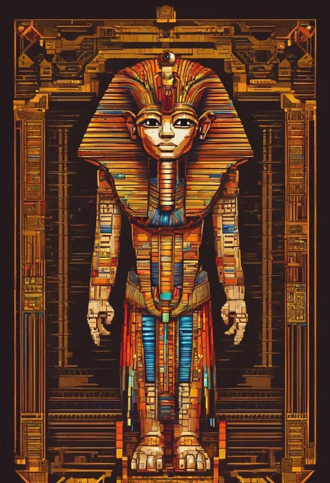 Egyptian pharaoh，The body of the robot and the face of the person., glowing light eyes, Biomechanical，The combination of meat and machinery，Parts weird, Creepy, nightmarish, Very bright colors, Light particles, with light glowing, Mshiv, wallpaper art, UHD...