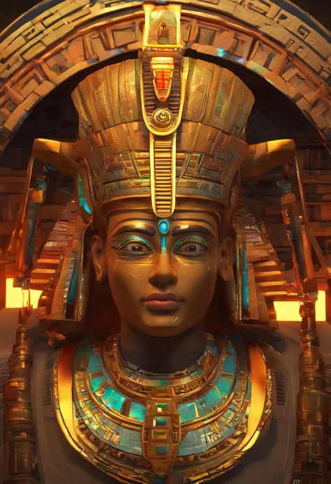 Egyptian pharaoh，The body of the robot and the face of the person., glowing light eyes, Biomechanical，Combination of meat and machinery，The parts are strange, Creepy, nightmarish, Very bright colors, Light particles, with light glowing, Mshiv, wallpaper ar...