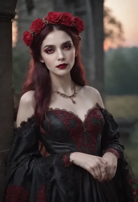 ((masterpiece)), Vampire princess, (absurdres, highres, ultra detailed),1girl, backlighting, bare shoulders, black background, black gothic dress, black and pink hair, blood, cowboy shot, dress, ornate ancient earrings, expressionless, roses, light particl...