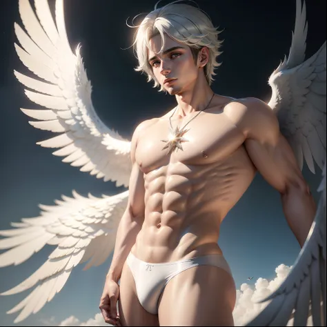 Anjo masculino fofo anime ultra realista com asas brilhantes