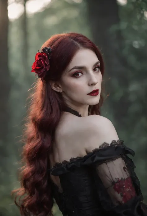 ((masterpiece)), Vampire princess, (absurdres, highres, ultra detailed),1girl, backlighting, bare shoulders, black background, black gothic dress, black and pink hair, blood, cowboy shot, dress, ornate ancient earrings, expressionless, roses, light particl...