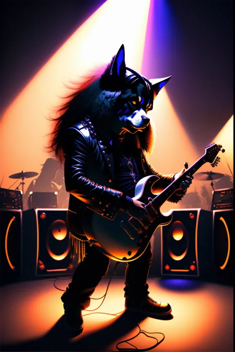 tmasterpiece，best qualityer，Death rock style，Dog-headed man，Rock music，DJ，are standing，guitar，spotlight lights，frenzied，Rock music