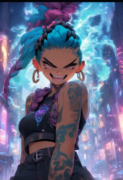 arcane style,

1girl, arm tattoo, asymmetrical bangs, bangs, blue hair, braid, brown shirt, cloud tattoo, looking at viewer, laughing, crazy, uncontrollable laugh, mad look, night, city, green hair, long hair, midriff, pink eyes, red lips, shirt, solo, sta...