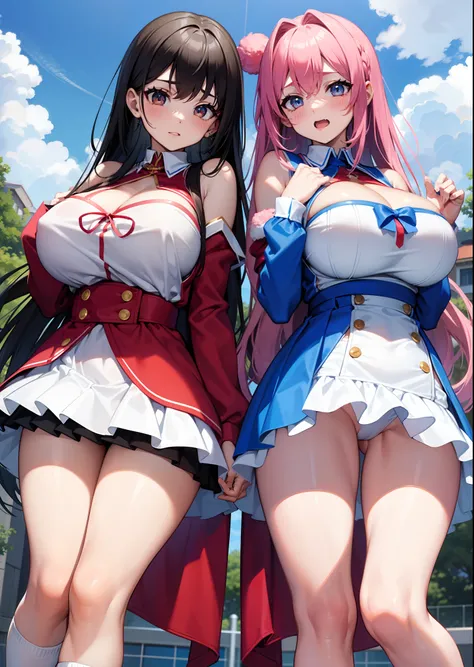 Big Cheergirl Duo、Beautuful Women、Red costume and blue costume、cleavage of the breast、tits out、Colossal tits、big breasts thin waist、pantiy、a miniskirt、Futomo、Loose socks、espadrilles、Rugby field、blue-sky、Clear、Emphasize、emphasis on the buttocks、Holding a po...