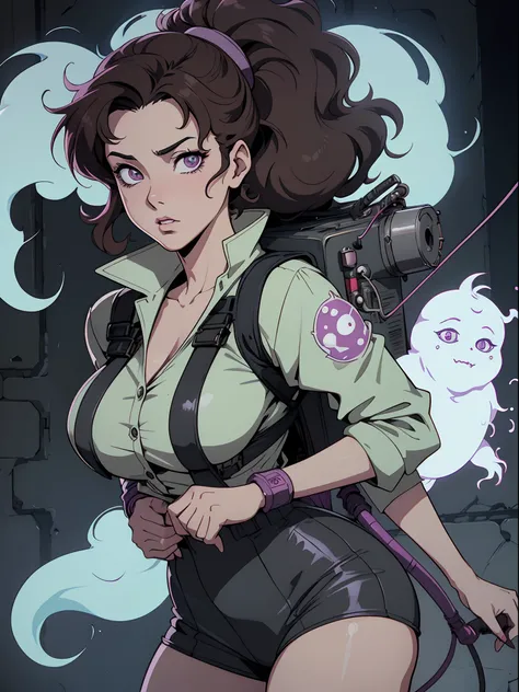 (1980s anime), female ghostbuster, ghostbusters, scantily clad, proton_pack, ectoplasm, horror, haunted mansion, haunting, brunette, highly detailed hair, highly detailed eyes, phantasm