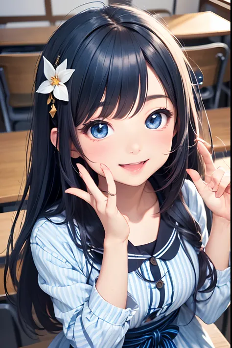 (Details of a very cute face), (Best Quality:1.4), 8K resolution, High resolution, 1girl, japanese, cute little girl, cute little girl of the highest grade, Super cute detailed face, long hair, blue and white striped dress, looking at viewers, happy smile,...