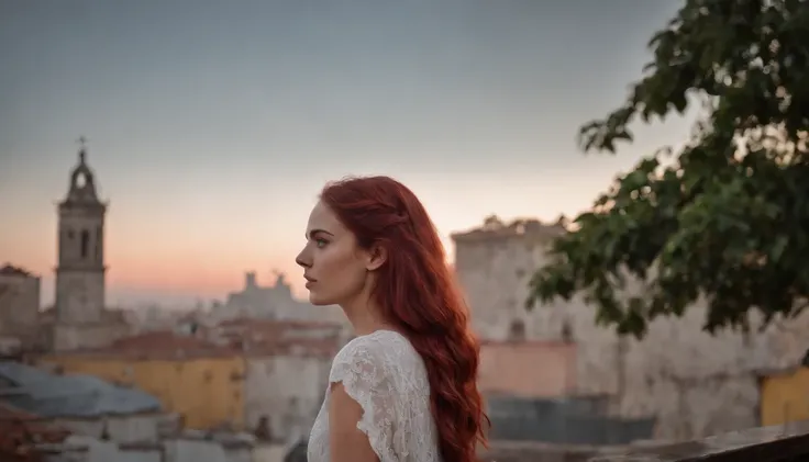 ((best illustration)) Brazilian girl, red hair, Corpo do adolescente, tampo preto, saia preta justa, bota preta, paisagem urbana, Building, Skyline, Sunset, silhueta contra as nuvens, contemplativo.