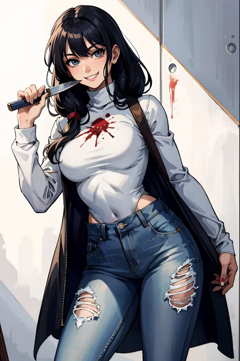 (masterpiece, best quality),1 girl, crazy,grin, holding a knife, wearing a white turtle neck, wearing long jeans,blood on clothes,anime, yandere