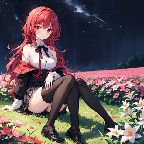 Wavy red hair、red eyes、Beautiful girl alone、doress、off shoulders、a miniskirt、Black tights、sitting on、flower  field、