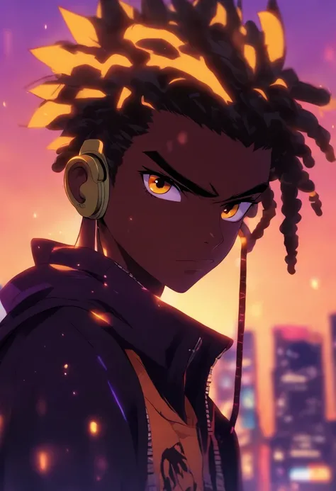 Anime black male with a yellow shirt and a black hair, black teenage boy, short dreadlock hairstyle that covers the left side of his face and dark skin, detailed character portrait, a character portrait, halfbody portrait, stylized portrait, halfbody he we...