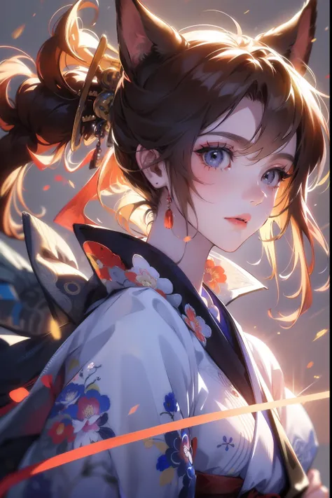 (best quality, masterpiece), 1girl, samurai, particle, wind, looking at viewer, fox ear, monsters in background, backlighting, upper body, pose