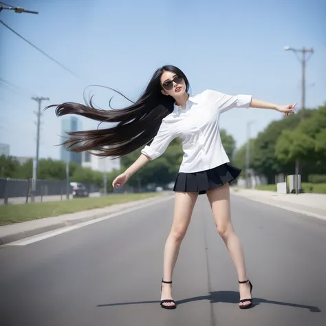 A Japanese Lady、beauitful face、Long black hair、Black sunglasses、White short-sleeved shirt、Blue Super Mini Skirt、Miniskirt 20 cm above the knee、Miniskirt with an inseam of 15 centimeters、Raw feet、beauty legs、Tall、long legged、Black heels、heavy wind、Hair flut...