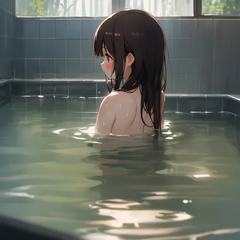 1girl in、 独奏、Eau、 Part of the water is gone、 Dark hair、 from the rear、moisture、 Back、 length hair、 Back focus、 Damp hair、 The upper part of the body、 bath