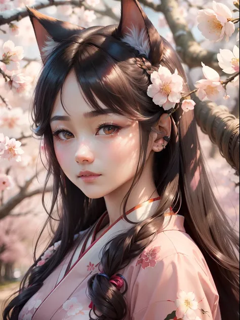 (best quality, 4k, highres, realistic:1.2), vibrant colors, (detailed and lifelike:1.1), (portrait:1.1), Japanese woman, long hair, beautiful detailed eyes, adorable cat ears, delicate lips, traditional kimono, cherry blossom background, illuminated by sof...