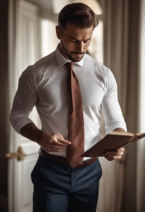 1hombre, 
A muscular 30-year-old man in a white long-sleeved shirt and tie, leyendo,
soft illuminaotion, 
obra maestra, mejor calidad, 8k uhd, DSLR, movie grain, Fujifilm XT3 pintura fotorrealista arte por Midjourney y Greg Rutkowski