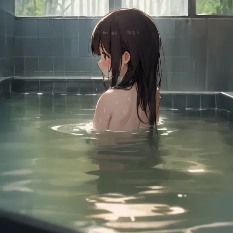 1girl in、 独奏、Eau、 Part of the water is gone、 Dark hair、 from the rear、moisture、 Back、 length hair、 back focus、 damp hair、 The upper part of the body、 Bath