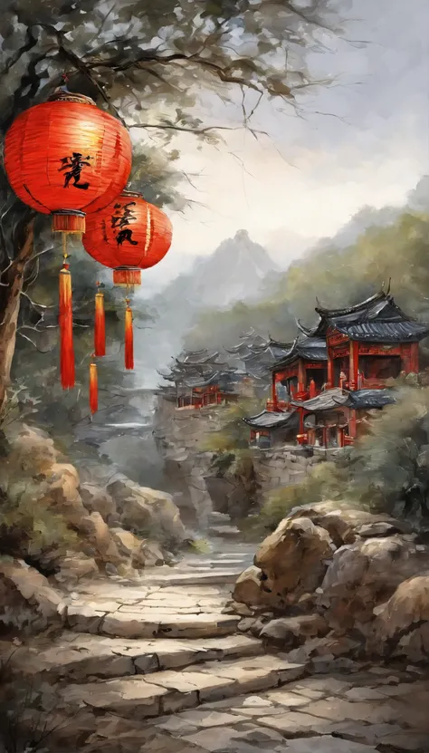 Chinese landscape painting，ink and watercolor painting，water ink，ink，Smudge，Faraway view，Ultra-wide viewing angle，Meticulous，Night view of ancient Chinese town，Old town street，Stone paved stone paths，There are some pedestrians，loft，Multiple red lanterns，Sm...