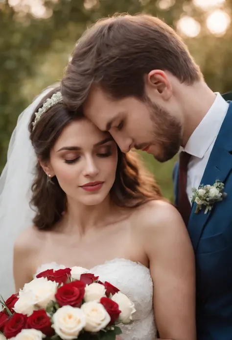 25 YEAR OLD MAN AND WOMAN GETTING MARRIED, LOVE, ROMANTIC, ROMANCE, FLOWERS, ROSES, NATURE, MOONLIGHT, 8K, intricate details, HDR, beautifully shot, realistic, sharp focus, 64 megapixels, perfect composition, high contrast, cinematic, 8K, CAUCASIAN, BLUE E...