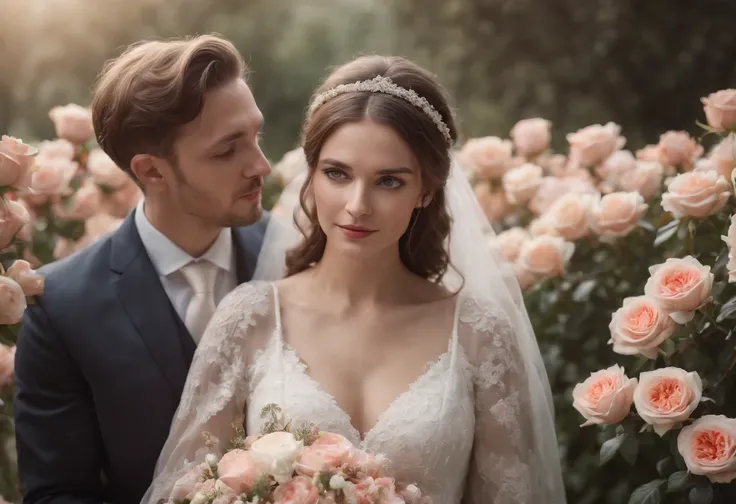 25 YEAR OLD MAN AND WOMAN GETTING MARRIED WITH CHILDREN AROUND, LOVE, ROMANTIC, ROMANCE, FLOWERS, ROSES, NATURE, MOONLIGHT, 8K, intricate details, HDR, beautifully shot, realistic, sharp focus, 64 megapixels, perfect composition, high contrast, cinematic, ...