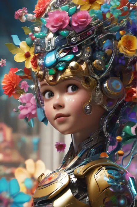 Create an image of a picturesque flower garden scene where a little girl, her face radiating joy, presents a bouquet of colorful blossoms to a remarkably advanced cyborg. The cyborg stands tall and strong, its metallic framework a testament to high-tech en...