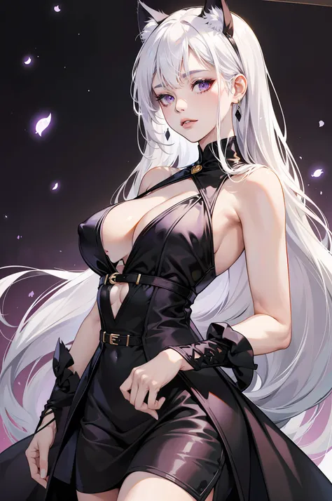 White hair fantasy woman in black dress, 1girll, Breasts, Solo, Very long hair, dress, Very short skirt，cleavage, Purple eyes, ((black cat ears)), Black dress, Gold edges，耳Nipple Ring,jewelry, White hair, Bare shoulders, bangs