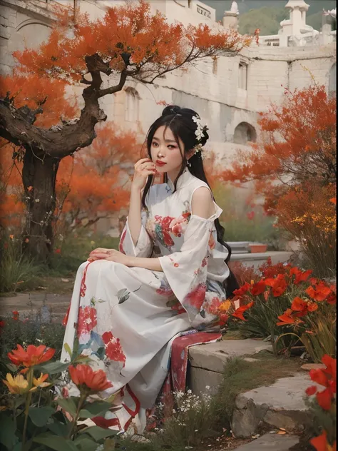 Best qualtiy，（Oil Painting：1.5），One has long black hair.，A woman with white flowers in her hair，Sit in front of a Chinese landscape painting，Red Dresses（Amy Saul：0.248），（Stanley Ategg Liu：0.106），（Detailed drawings：0.353），（gothic art：0.106）