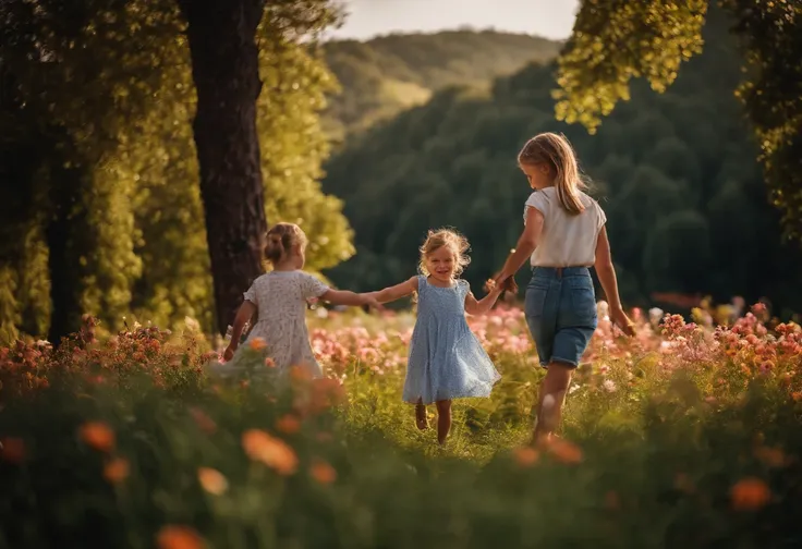 FAMILY ON VACATION, CHILDREN PLAYING AROUND, FAMILY, LOVE, FLOWERS, NATURE, TREES, 8K, intricate details, HDR, beautifully shot, realistic, sharp focus, 64 megapixels, perfect composition, high contrast, cinematic, 8K, CAUCASIAN, BLUE EYES, Italy