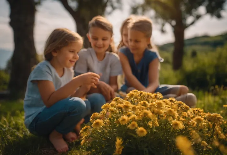 FAMILY ON VACATION, CHILDREN PLAYING AROUND, FAMILY, LOVE, FLOWERS, NATURE, TREES, 8K, intricate details, HDR, beautifully shot, realistic, sharp focus, 64 megapixels, perfect composition, high contrast, cinematic, 8K, CAUCASIAN, BLUE EYES, Italy