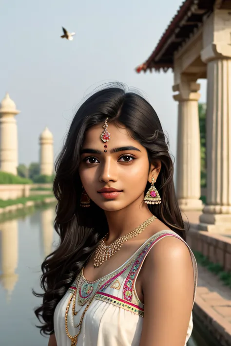 young Indian girl, 18-year-old,  gentle sun lighting on face , village mood , thousand pillar temple, clear blue sky, ducks, pond, birds, girl holding deepam , village girl vibe, intricate facial details, full body picture,pose flawless complexion, top-not...