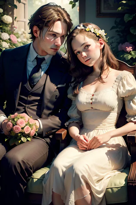 a young couple sitting close to each other, looking front, in a flourish garden, a lot of flowers and antique furnitures surrounding, natural skin texture, hyper realism soft light, close up portrait photo by Annie Leibovitz, film, studio lighting, detaile...