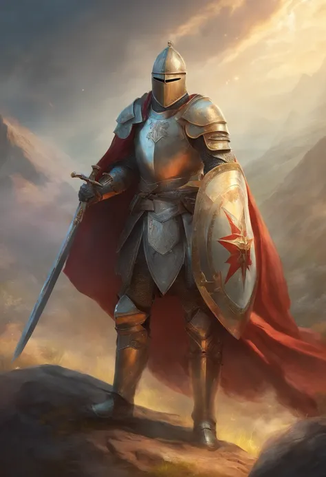 templar Knight in full armour with sword and shield, highly detailed, 8K, global illumination, wide angle, god rays